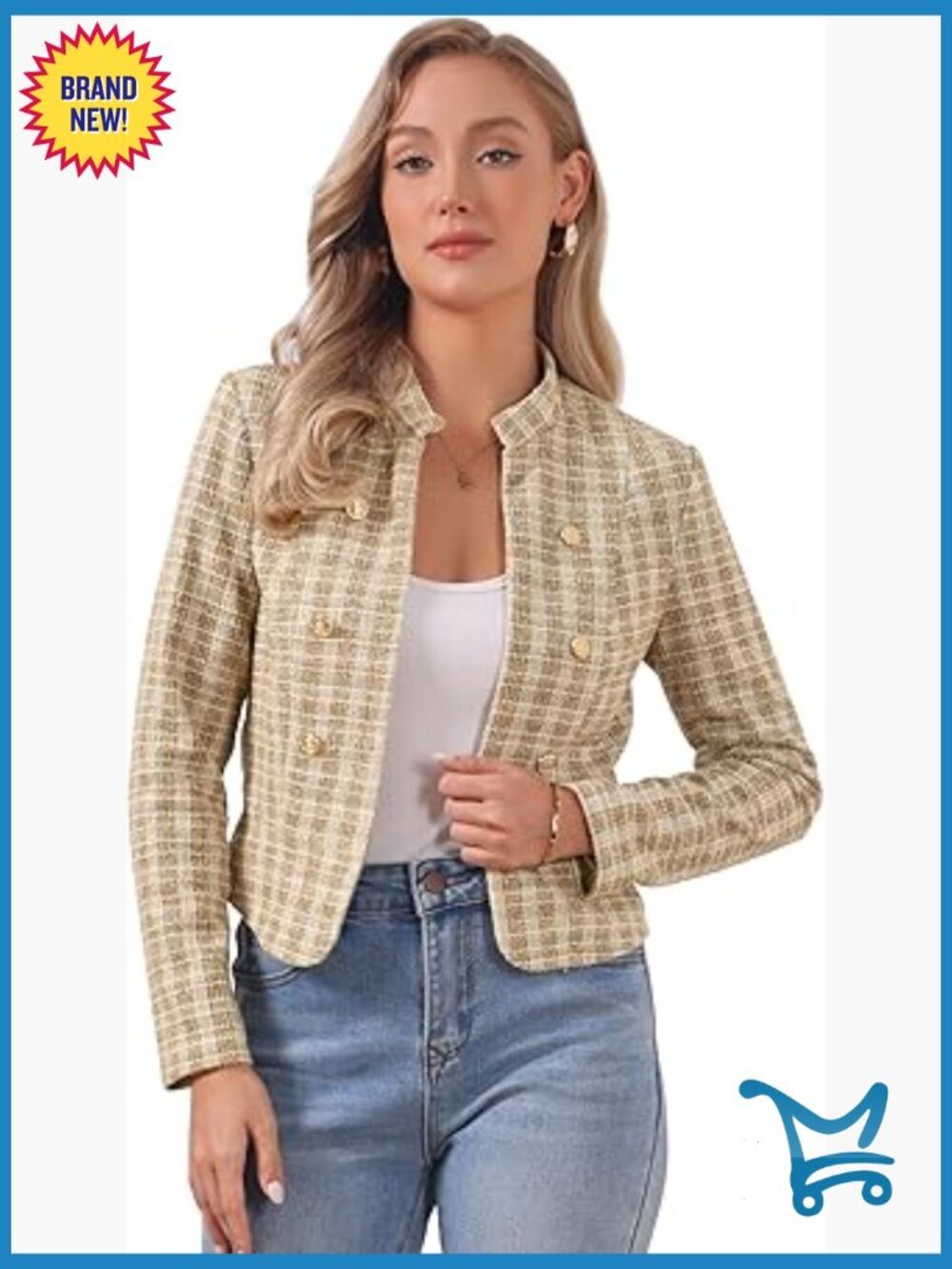 Vintage Tweed Stand Collar Cropped Blazer Business Casual Office Jacket